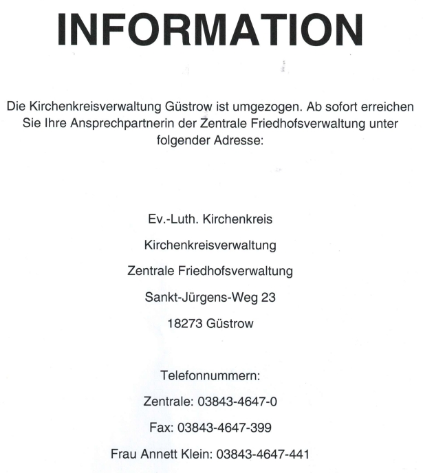 Information der Friedhofsverwaltung